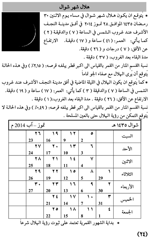 مواقيت الأهلة في عام 1435 هـ - 24